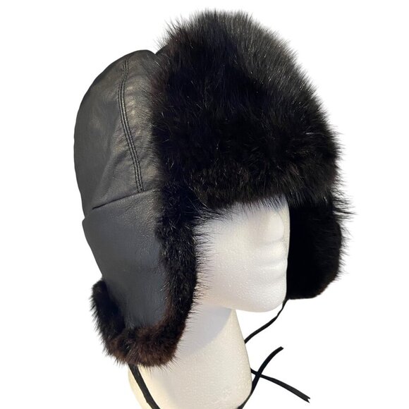 Vintage Black Leather & Fur Aviator Winter Hat With Ear Flaps & Chin Straps - Picture 1 of 15